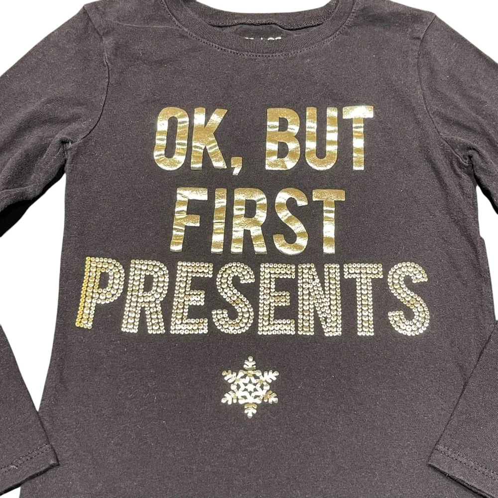 Children’s Place‎ Girls Black Christmas Presents Graphic T-Shirt Top Size S 5/6